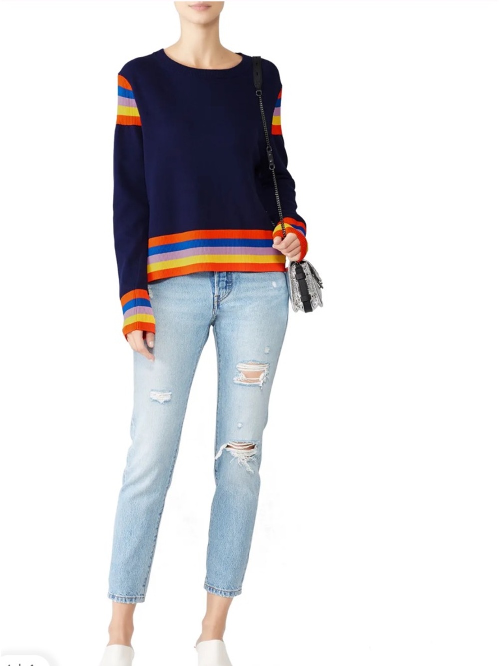 KULE Navy Crewneck Sweater with Rainbow Stripes
